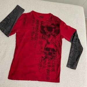 MMA Elite Cotton Shirt Men's L Red Skulls Loyalty Respect Fighter Long Sleeves